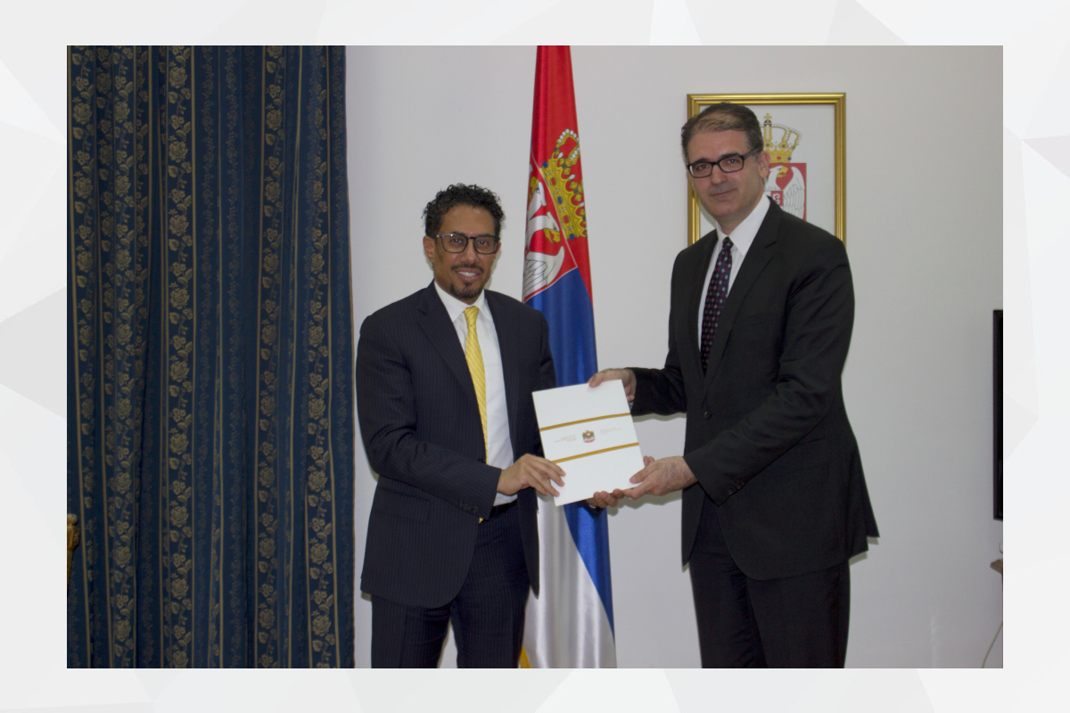 His Excellency Ahmed Hatem Almenhali presented a copy of his letters of credence to His Excellency Branko Radovanović, Head of Diplomatic Protocol of the Ministry of Foreign Affairs of the Republic of Serbia, as Ambassador Extraordinary and Plenipotentiary to the Republic of Serbia. 
