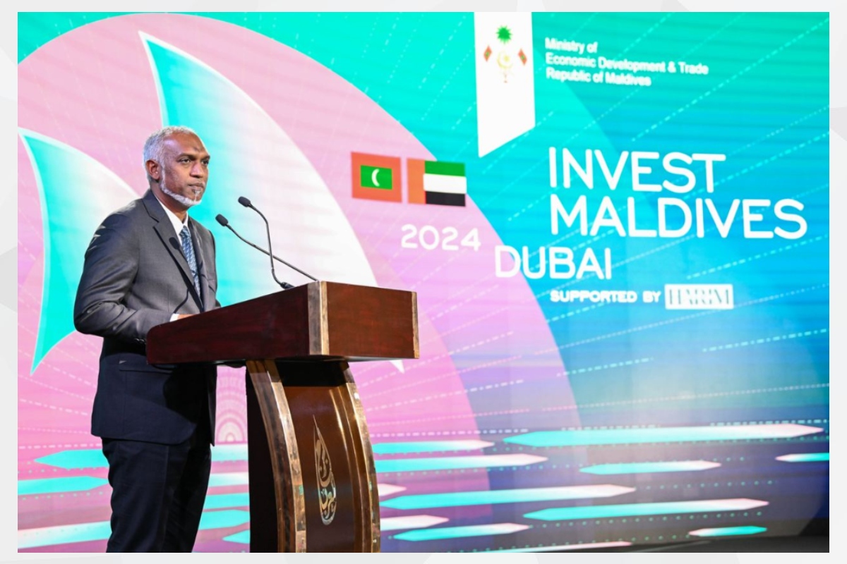 President H.E. Dr Mohamed Muizzu has stated that private sector-led growth is essential to achieving the transformation goals the Government aspires for. He made the remarks while delivering his keynote address today at Invest Maldives 2024 Dubai, held at Burj Al Arab, Dubai, UAE.
