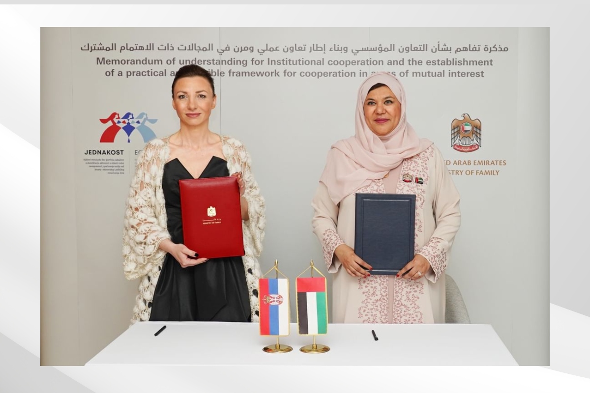 H.E. Sana bint Mohammed Suhail, UAE Minister for Family, and H.E. Tatjana Macura, Minister without Portfolio responsible for Women and Domestic Violence in the Republic of Serbia, have signed a Memorandum of Understanding between the two countries.