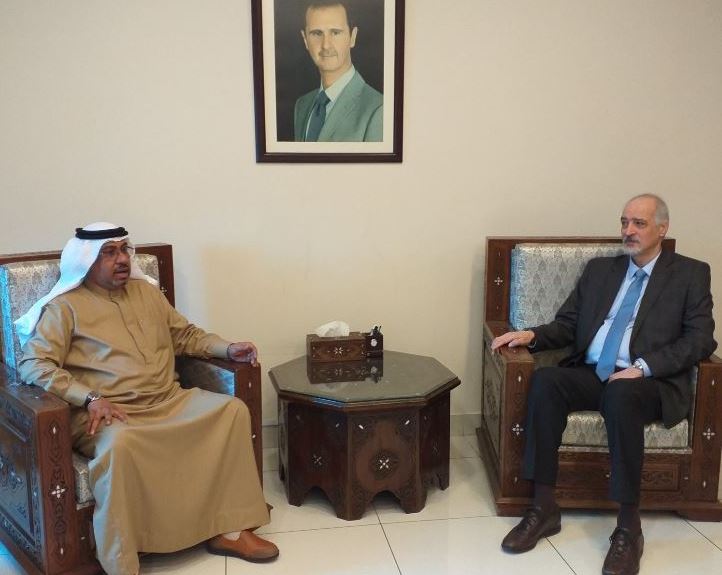 The Chargé d'Affairs of the State Embassy in Damascus, Abdul Hakeem Al-Nuaimi, met with Dr. Bashar Al-Jaafari, Deputy Minister of Foreign Affairs and Expatriates in the sisterly Syrian Arab Republic.
