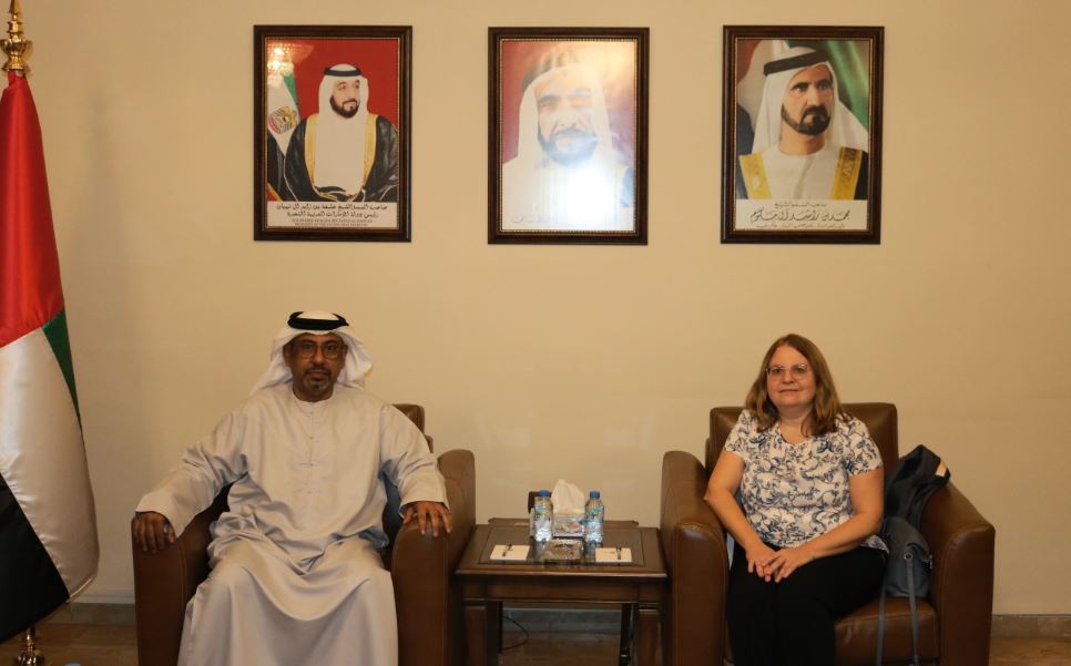 The Chargé d'Affairs of the State Embassy in Damascus, Mr. Abdul Hakeem Al-Nuaimi, received the Chargé d'Affairs of the Embassy of the Kingdom of Spain to the Syrian Arab Republic, Mrs. Mariana Figueroa Sanchez.