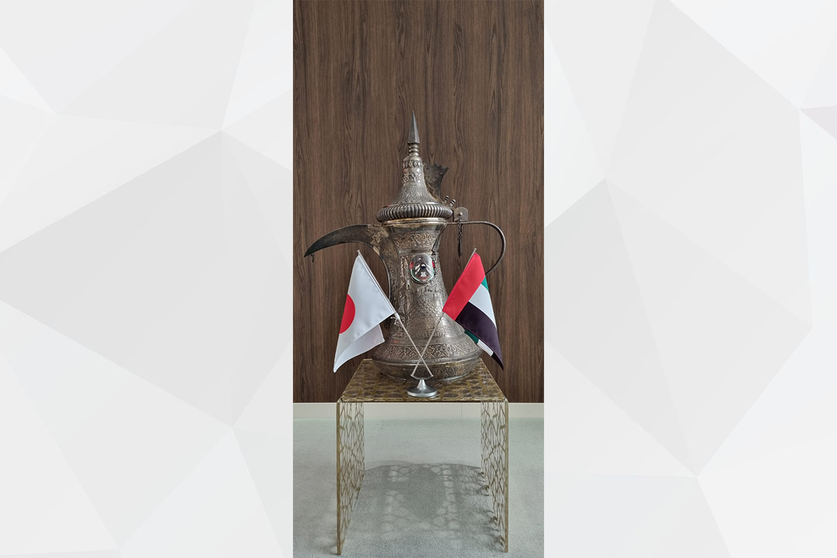 Since 1979, The UAE has been participating
in the Sumo tournament by gifting the winner a
huge coffee pot. The usage of the coffee pot
is an indication of hospitality in the UAE,
where guests are always welcomed by a fresh cup
of coffee. This is the original coffee pot
that was used in 1979 by UAE Ambassador Ahmed
Almoqarab. It is made out of silver.
A different coffee pot was used until July 2023
 and the latest version was introduced
in the September 2023 Sumo Final in Tokyo.