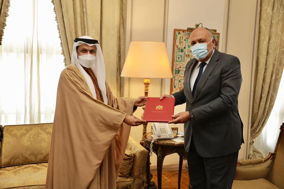 Egyptian Foreign Minister Sameh Shoukry receives a copy of the credentials of the UAE ambassador to the Arab Republic of Egypt