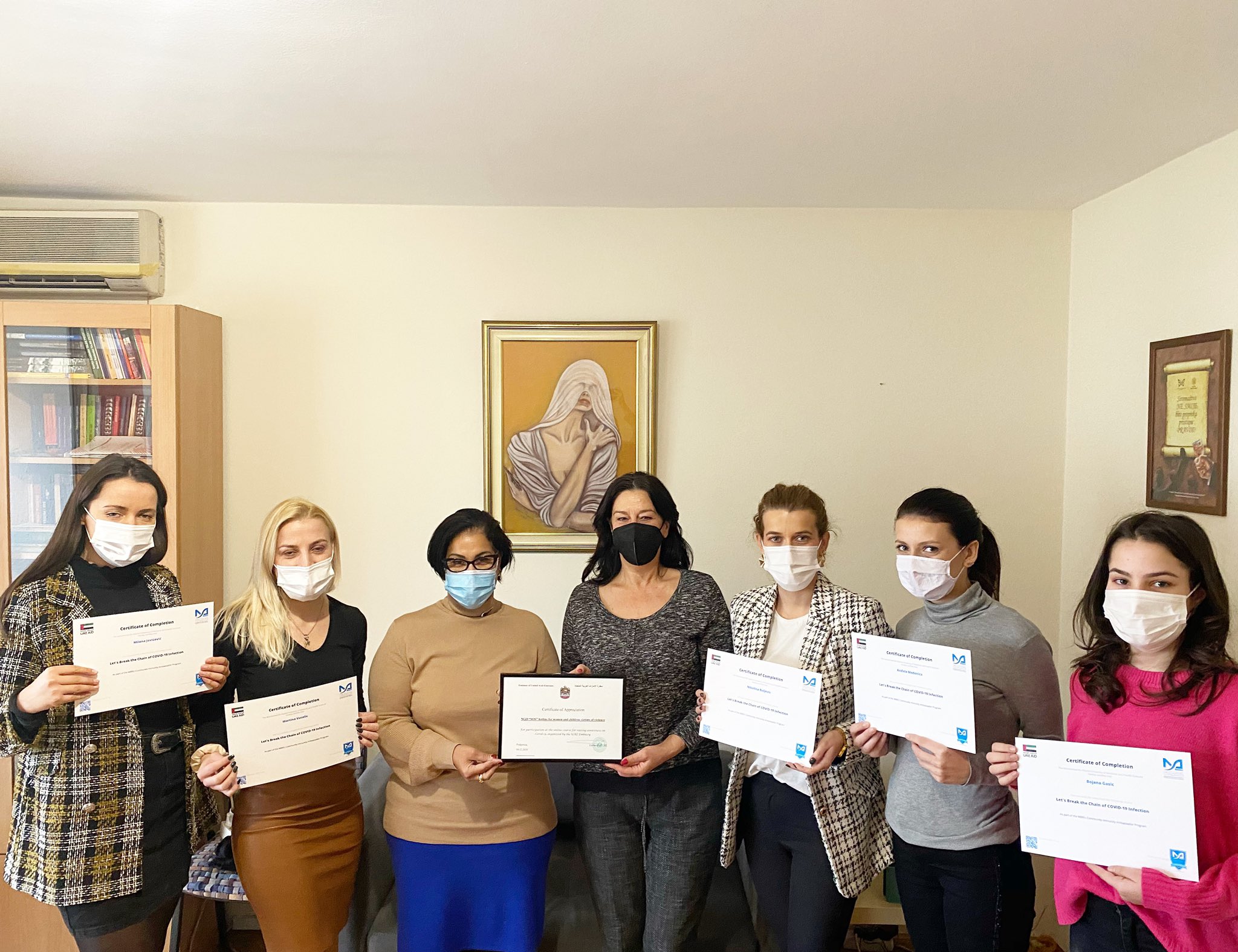 H.E Nabila Al Shamsi, handed over a certificate of appreciation to NGO “SOS” for women victims of violence, for their participation in the awareness program & registration in the online course on Covid-19 presented by Mohammed Bin Rashid University of Medicine and Health Sciences