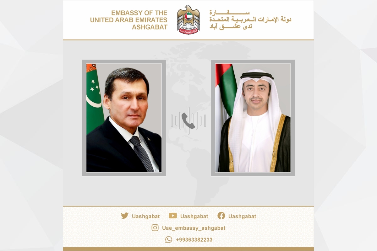 جرت مكالمة هاتفية بين سمو الشيخ عبدالله بن زايد آل نهيان نائب رئيس مجلس وزراء دولة الإمارات العربية المتحدة، وزير الخارجية، ومعالي رشيد ميريدوف نائب رئيس مجلس وزراء تركمانستان وزير الخارجية، وخلال المكالمة ناقش الجانبان سبل تعزيز العلاقات الثنائية بين البلدين.