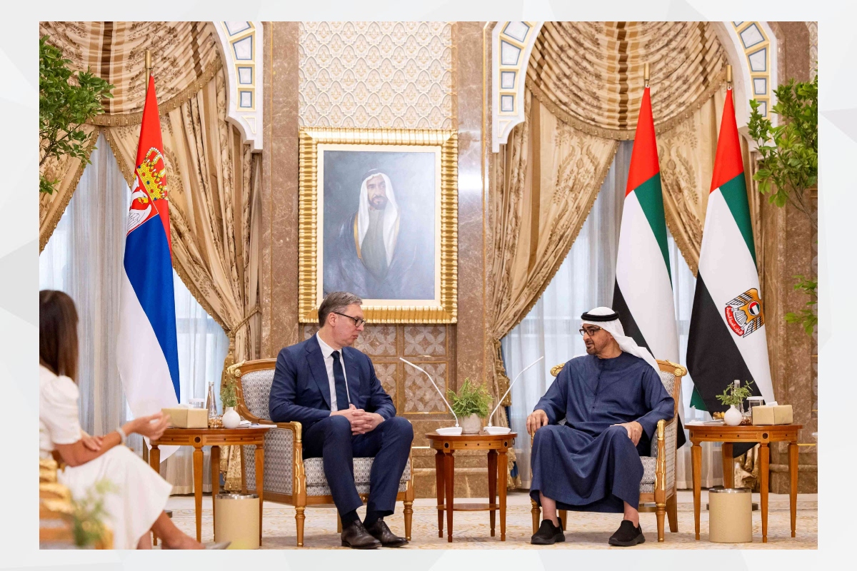 H.H. Sheikh Mohamed bin Zayed Al Nahyan, President of the United Arab Emirates, and H.E. Aleksandar Vucic, President of the Republic of Serbia, held talks on strengthening bilateral cooperation and exchanged views on ongoing developments in the Middle East.