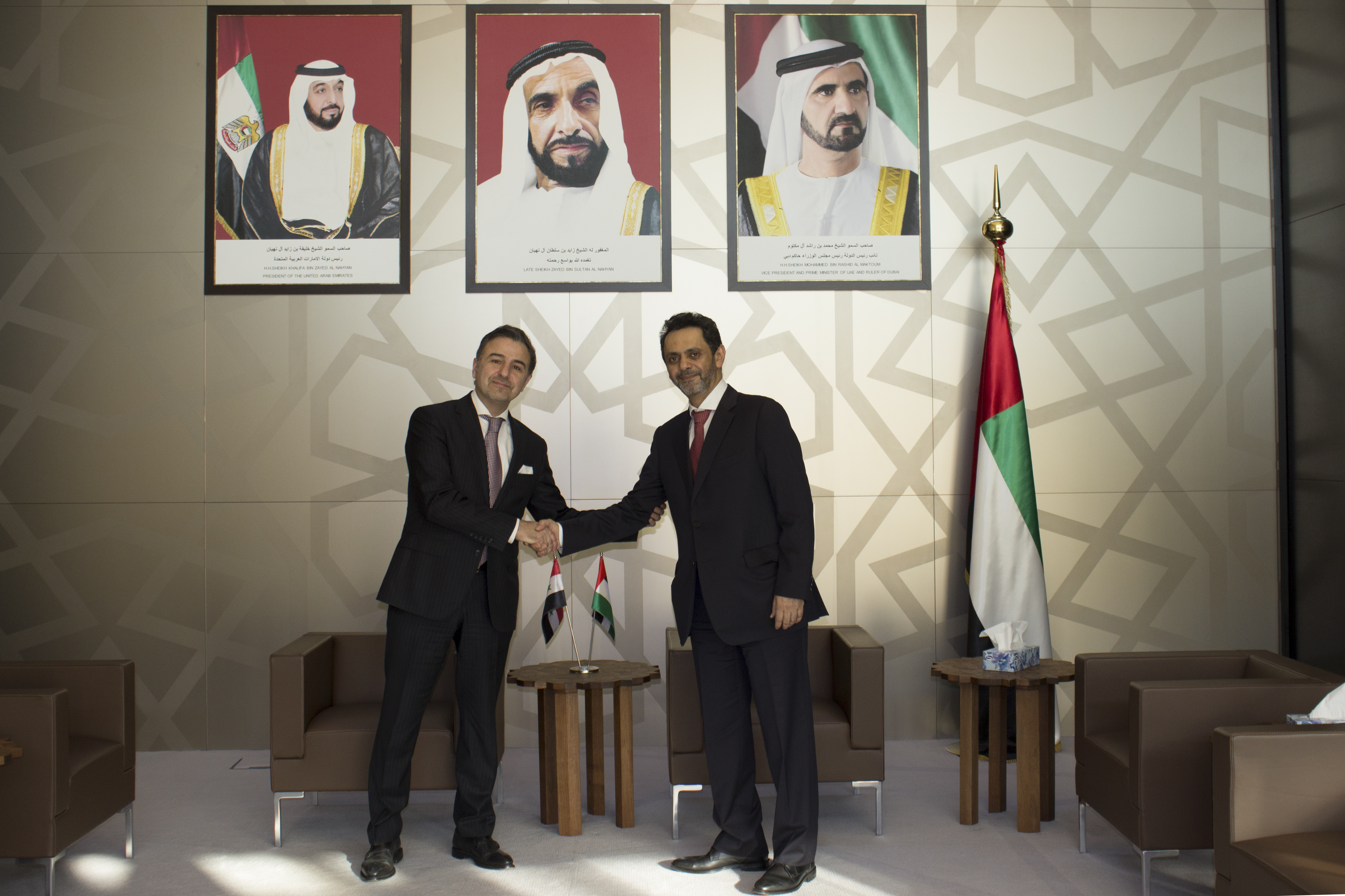H.E. Mubarak Saeed Al Dhaheri, UAE Ambassador to Serbia received H.E. Basem Jamaan Agha, Ambassador of Syrian Arab Republic to Serbia. During the meeting they discussed bilateral relations of the UAE and Syria as well as development of these relations in various areas of interest of both countries and their people.