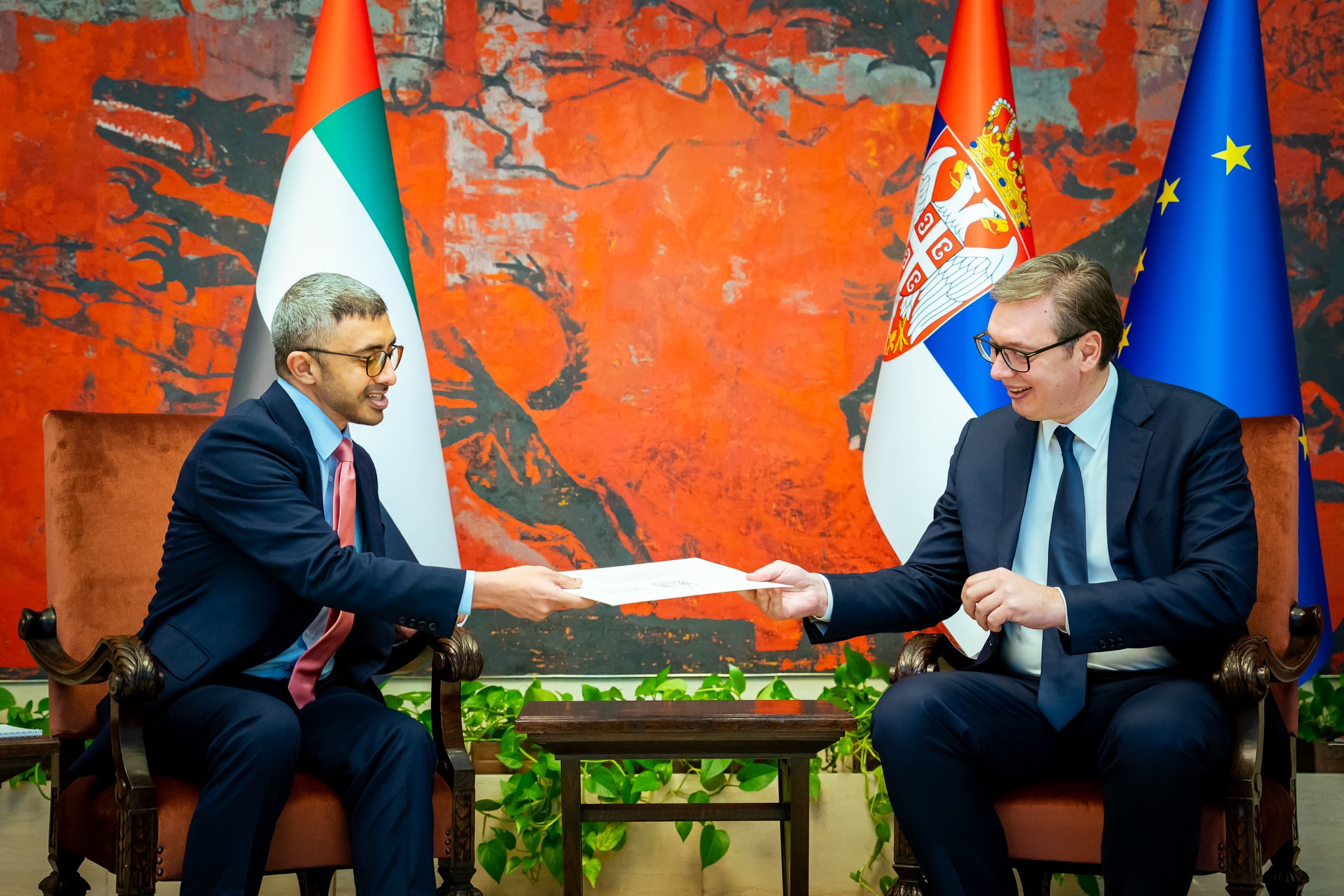 During a working visit to the Republic of Serbia, H.H. Sheikh Abdullah bin Zayed Al Nahyan, Minister of Foreign Affairs delivered a written letter from the UAE President to the Serbian President, and received a similar letter from His Excellency. Their meeting included a discussion about the strategic partnership between UAE & Serbia.