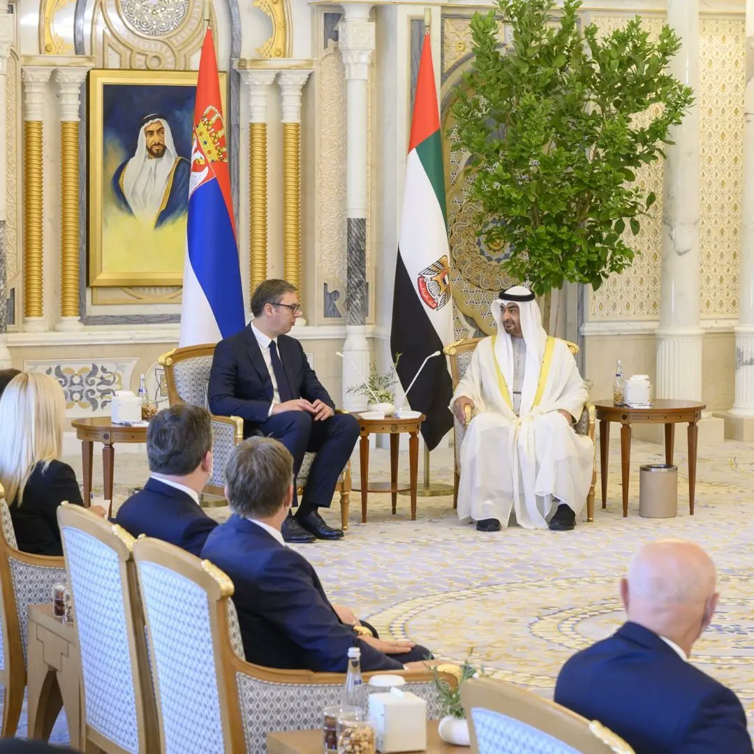 H.H. Sheikh Muhammed bin Zayed Al Nahyan, President of the UAE, received H.E. Aleksandar Vucic, President of the friendly Republic of Serbia. 

Two leaders discussed mutual cooperation and opportunities for its development, as well as numerous regional and international issues that are of interest of both countries.