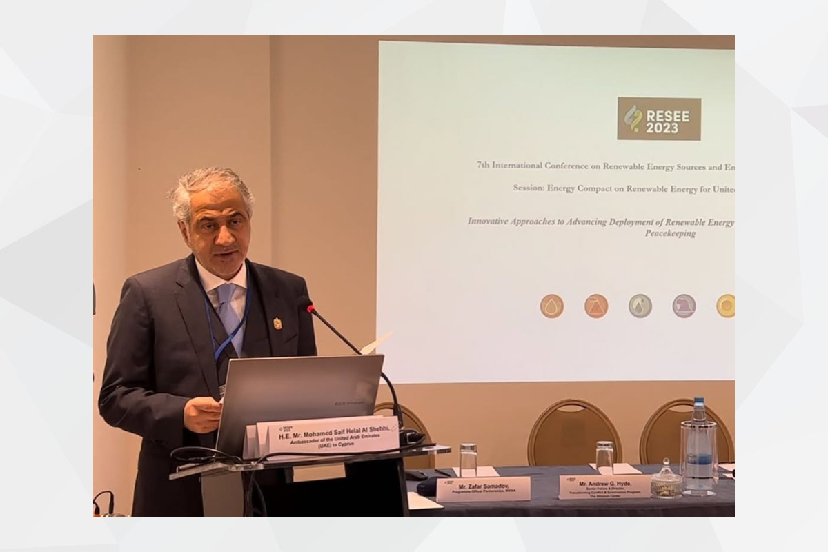 H.E. Mohammed Saif Al Shehhi, UAE Ambassador in Nicosia, attended the 7th International Conference on Renewable Energy Sources and Energy Efficiency – Energy Security (RESEE2023), jointly organized by the Cyprus Chamber of Commerce and Industry, the Ministry of Energy, Commerce and Industry of Cyprus and the International Renewable Energy Agency- IRENA. H.E. Al Shehhi addressed the conference, within the Session on Energy Compact on Renewable Energy for United Nations peacekeeping operations. 