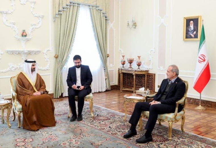 His Excellency Khaled Abdullah Belhoul presented his credentials as Ambassador Extraordinary and Plenipotentiary of the UAE to the Islamic Republic of Iran, to His Excellency Masoud Pezeshkian, President of Iran. 