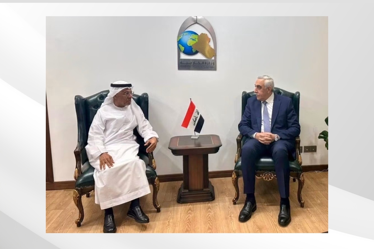 His Excellency Abdullah Matar Al Mazrouei, Ambassador of the United Arab Emirates to the Republic of Iraq, met with His Excellency Ambassador Dr. Ahmed Naif Rashid Al-Dulaimi, Undersecretary of the Ministry of Foreign Affairs for Administrative and Technical Affairs. During the meeting, they discussed the relations between the two brotherly countries and ways to further strengthen them in a manner that serves the interests of their two brotherly peoples.