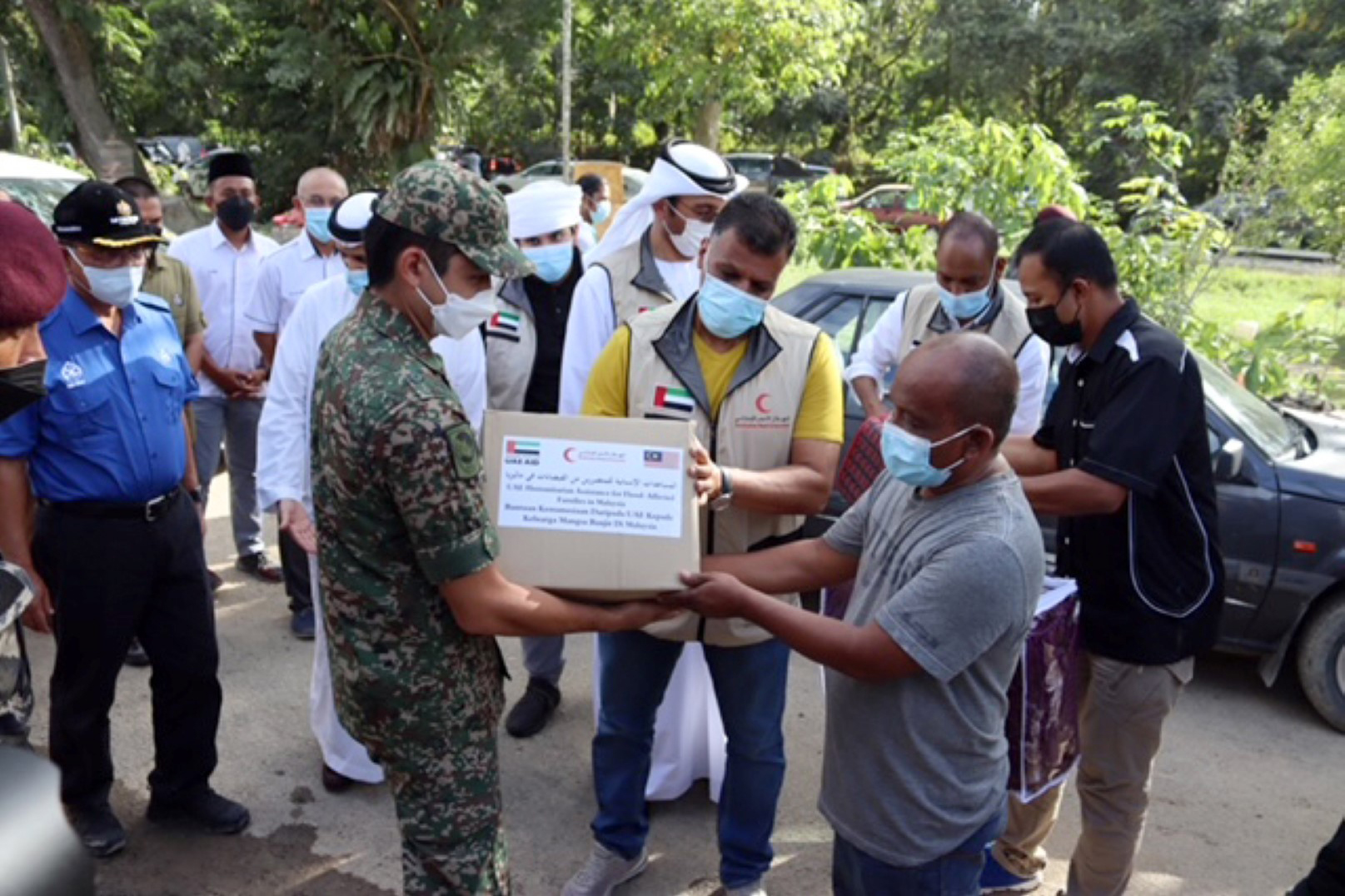 The distribution of the aid was attended by Tengku Hassanal Ibrahim Alam Shah, Crown Prince of Pahang Province, and Khalid Ghanim Al Ghaith, UAE Ambassador to Malaysia.