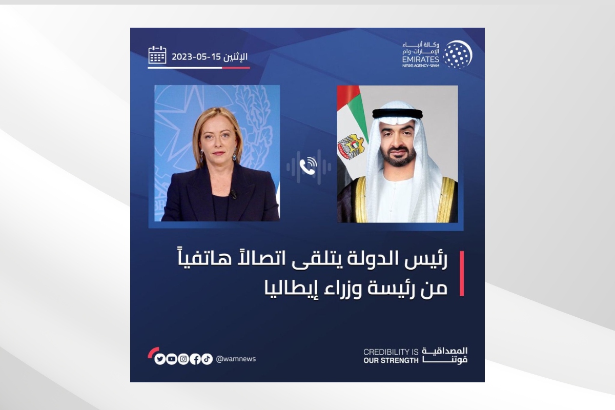 تلقى صاحب السمو الشيخ محمد بن زايد آل نهيان رئيس الدولة حفظه الله اليوم اتصالاً هاتفياً من معالي جورجا ميلوني رئيسة وزراء الجمهورية الإيطالية الصديقة. 