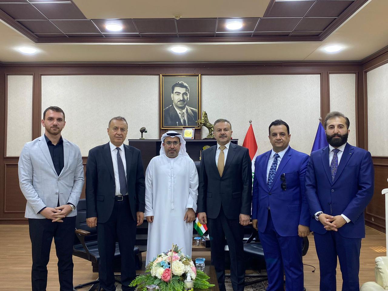 His Excellency Ahmed Al Dhaheri, Consul General of the UAE in Erbil in the Kurdistan Region of Iraq, visited the Dohuk Governorate Chamber of Commerce and Industry and met with its new president, His Excellency Shukri Jamil, and members of the administration.

