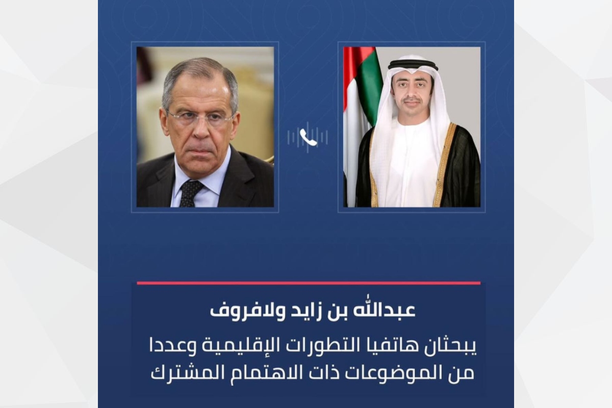 His Highness Sheikh Abdullah bin Zayed Al Nahyan, Deputy Prime Minister and Minister of Foreign Affairs, discussed current regional developments, particularly the situations in Syria and Lebanon, during a phone call today with His Excellency Sergey Lavrov, Minister of Foreign Affairs of the Russian Federation.
