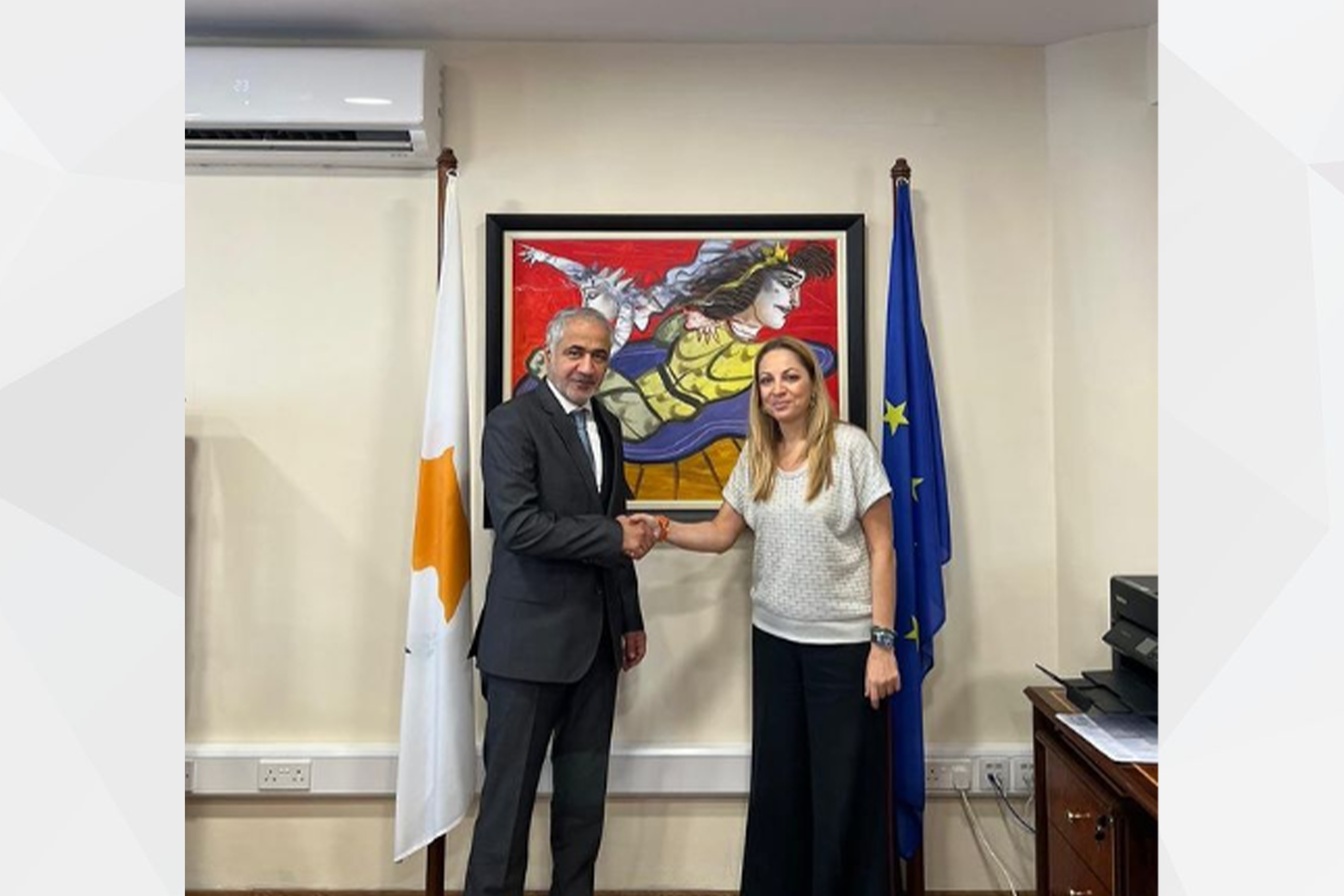  H.E. Mr. Mohammed Saif Al Shehhi, UAE Ambassador to Nicosia, and H.E. Mrs. Anna Koukkides-Prokopiou, Minister of Justice and Public Order discuss bilateral relations, and ways to enhance them and develop various tracks of joint cooperation between the two countries in the field of justice, and with initiatives related to public order. 