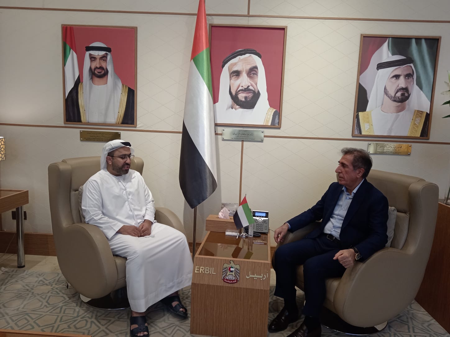 His Excellency Ahmed Al Dhaheri, Consul General of the UAE to the Kurdistan Region of Iraq, met Mr. Ghafoor Khoshnaw, Chairman of the Khoshnaw Investment Group operating in various fields, including the housing sector, and discussed with him prospects for cooperation and partnership with state companies in the field of investment.