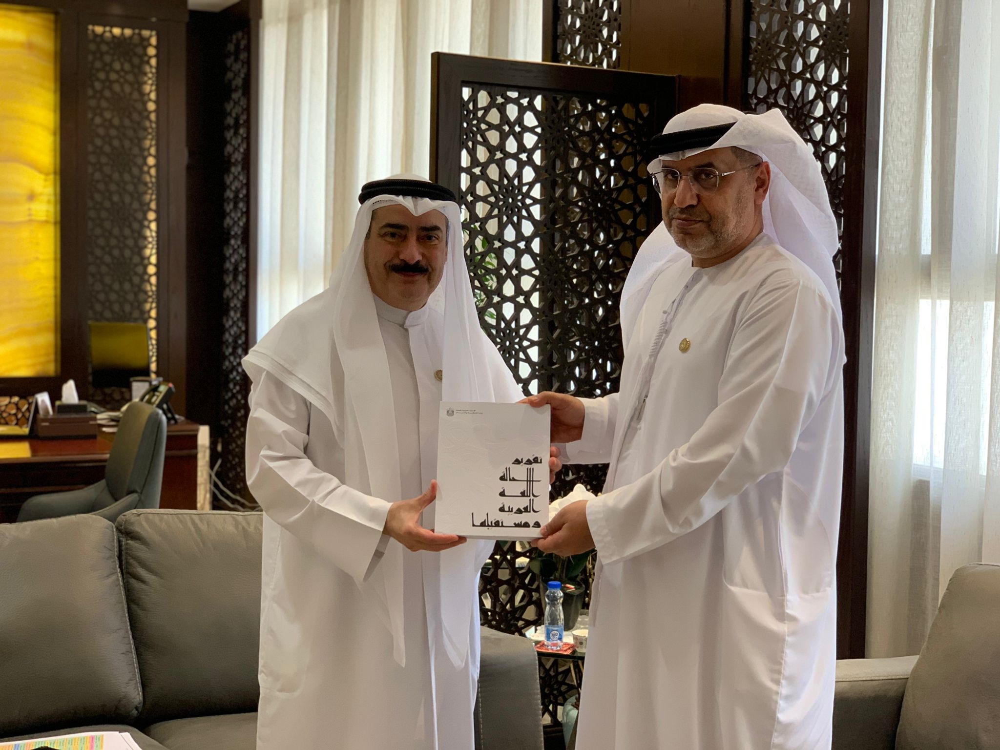 His Excellency Dr. Matar Hamed Al Neyadi, UAE Ambassador to the State of Kuwait met HE Kamel  Al-AbdulJalil, Secretary General of the National for Culture, Arts, and Literature,  His Excellency Dr Matar Al NeyADI handed him a copy of the report on the state of the Arabic language and its future, which was supervised by the Ministry of Culture and Youth in the United Arab Emirates,