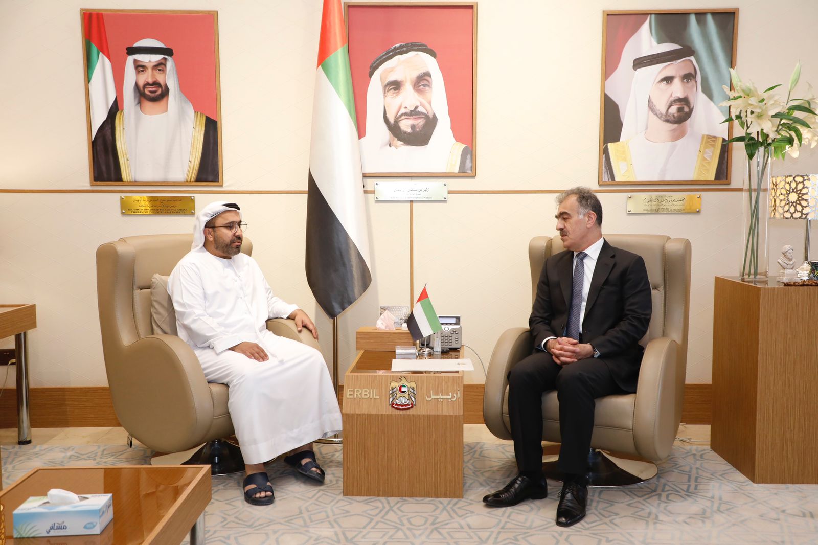His Excellency Ahmed Al Dhaheri, Consul General of the UAE to the Kurdistan Region of Iraq, received His Excellency Safin Mohsen Dizai, the official of the Department of External Relations of the Kurdistan Regional Government of Iraq. During the meeting, they discussed the distinguished relations between the United Arab Emirates and the Kurdistan Region and the mechanisms for developing relations between the two sides in all fields.
