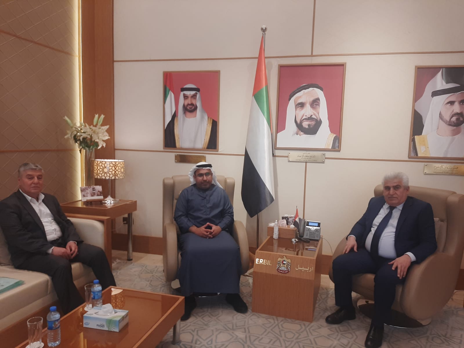 His Excellency Ahmed Al Dhaheri, Consul General of the UAE in the Kurdistan Region of Iraq, received His Excellency Khalil Goran, Vice President of the Iraqi Importers and Exporters Union - Erbil Branch, and the President of Goran Company, a leading trading company in the field of trading power plants. During the meeting, they discussed the distinguished relations between the United Arab Emirates and the Republic of Iraq, and in particular the Kurdistan Region, and its future prospects.