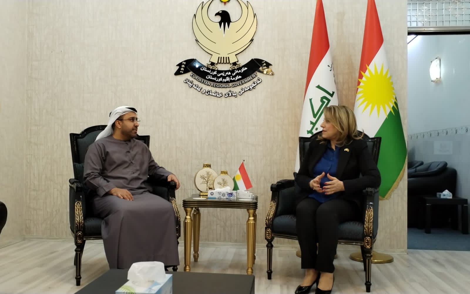 His Excellency Ahmed Al Dhaheri, Consul General of the UAE to the Kurdistan Region of Iraq, met with Her Excellency Khanzad Ahmed, President of the Supreme Council for Women in the Kurdistan Region of Iraq. During the meeting, they discussed the distinguished relations between the UAE and the Republic of Iraq, and in particular the Kurdistan Region, in various fields, including the field of supporting women.