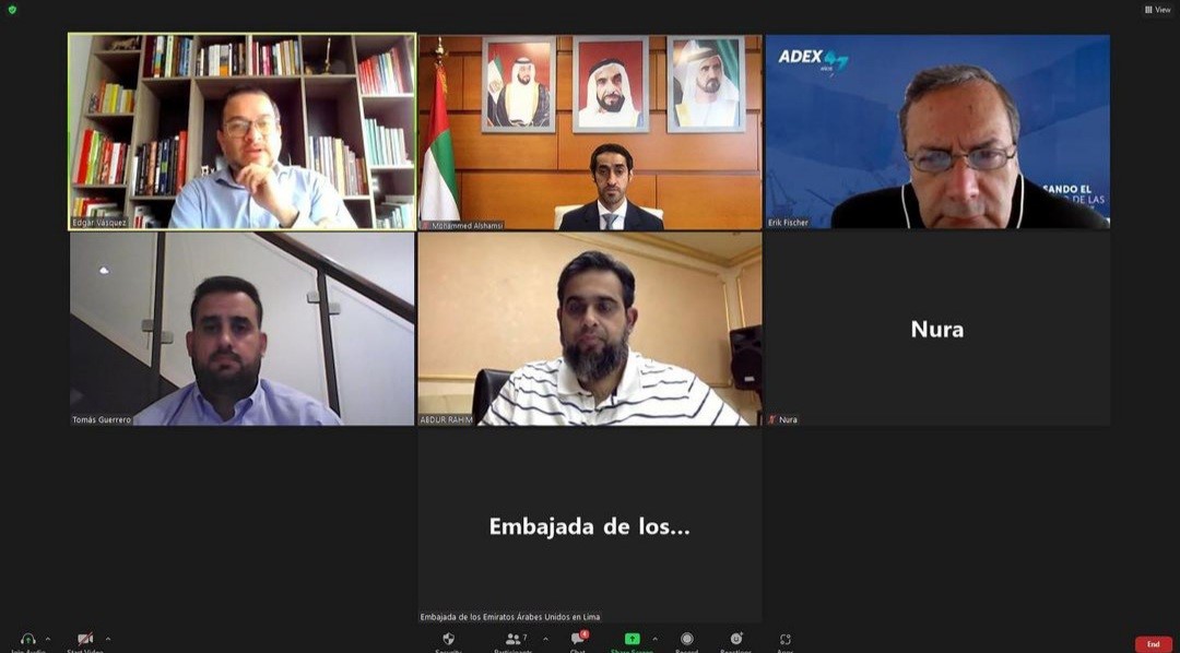 H.E. Mohamed Abdulla Alshamsi, Ambassador of the United Arab Emirates to the Republic of Peru held a virtual meeting with H.E.  Erik Fisher, President of ADEX, H.E. Edgar Vásquez, Director of the Economics and Business Research Center at ADEX, Mr. Abdur Rahim, Counselor the Deputy Executive Director of the DAFZA Dubai Airport Free Zone and Mr. Tomas Guerrero, Director of the DAFZA Halal Trade and Marketing Center. 