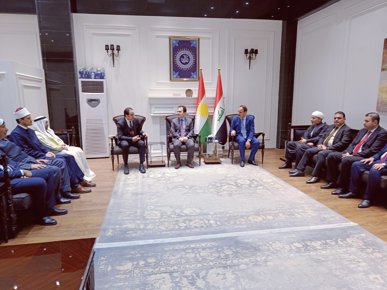 The delegation of the Council of Muslim Elders, in the presence of His Excellency Ahmed Al Dhaheri, Consul General of the UAE, met His Excellency Pashtiwan Sadiq, Minister of Endowment and Religious Affairs, during which they emphasized the depth of relations and prospects for their development, the promotion of common issues such as issues of diversity, and support for spreading the concepts of tolerance and ethnic pluralism.