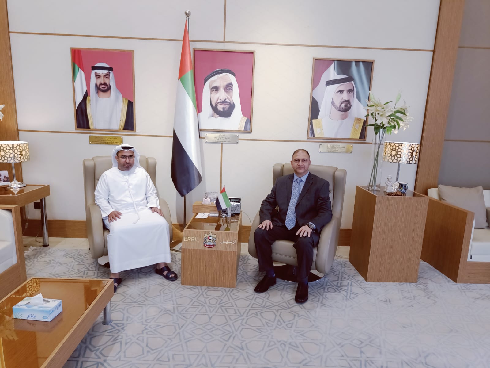 His Excellency Ahmed Al Dhaheri, Consul General of the UAE to the Kurdistan Region of Iraq, met with Mr. Mohammed Khaldoun, Chairman of the Al-Khudairi Investment Group operating in the fields of oil services and leasing, and discussed with them prospects for cooperation and partnership with state companies in projects in Iraq and the UAE. During the meeting, they reviewed the UAE's interest in encouraging the investment of its national companies in Iraq, especially in the Kurdistan region, and opening horizons and fields of investment for the leading companies in the Kurdistan region of Iraq to work in the UAE.