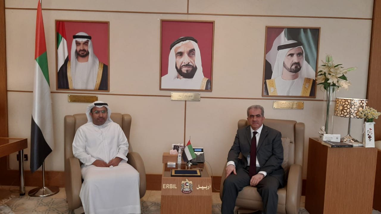 His Excellency Ahmed Al Dhaheri, Consul General of the United Arab Emirates in the Kurdistan Region of Iraq, met Mr. Ashti Alaaeddin, representative of the European Council in the Kurdistan Region of Iraq. During the meeting, the distinguished relations between the United Arab Emirates with Iraq and the Kurdistan Region were emphasized. Provided by the Council and ways of cooperation with state institutions in the field of humanitarian work and human development.