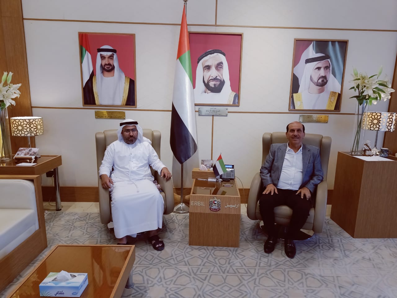 His Excellency Ahmed Al Dhaheri, Consul General of the United Arab Emirates in Erbil, met Mr. Idris Mohamed Aziz, Chairman of the Alton Group investment group active in the real estate sector in the Kurdistan region of Iraq, and discussed with him prospects for cooperation and partnership with state companies in the field of investment. During the meeting, they also reviewed the interest of the UAE to encourage the investment of its national companies in Iraq, especially in the Kurdistan region, and to open horizons and areas of investment for the leading companies in the Kurdistan region of Iraq to work in the UAE. In addition to establishing partnerships between businessmen in the country and businessmen in the Kurdistan region