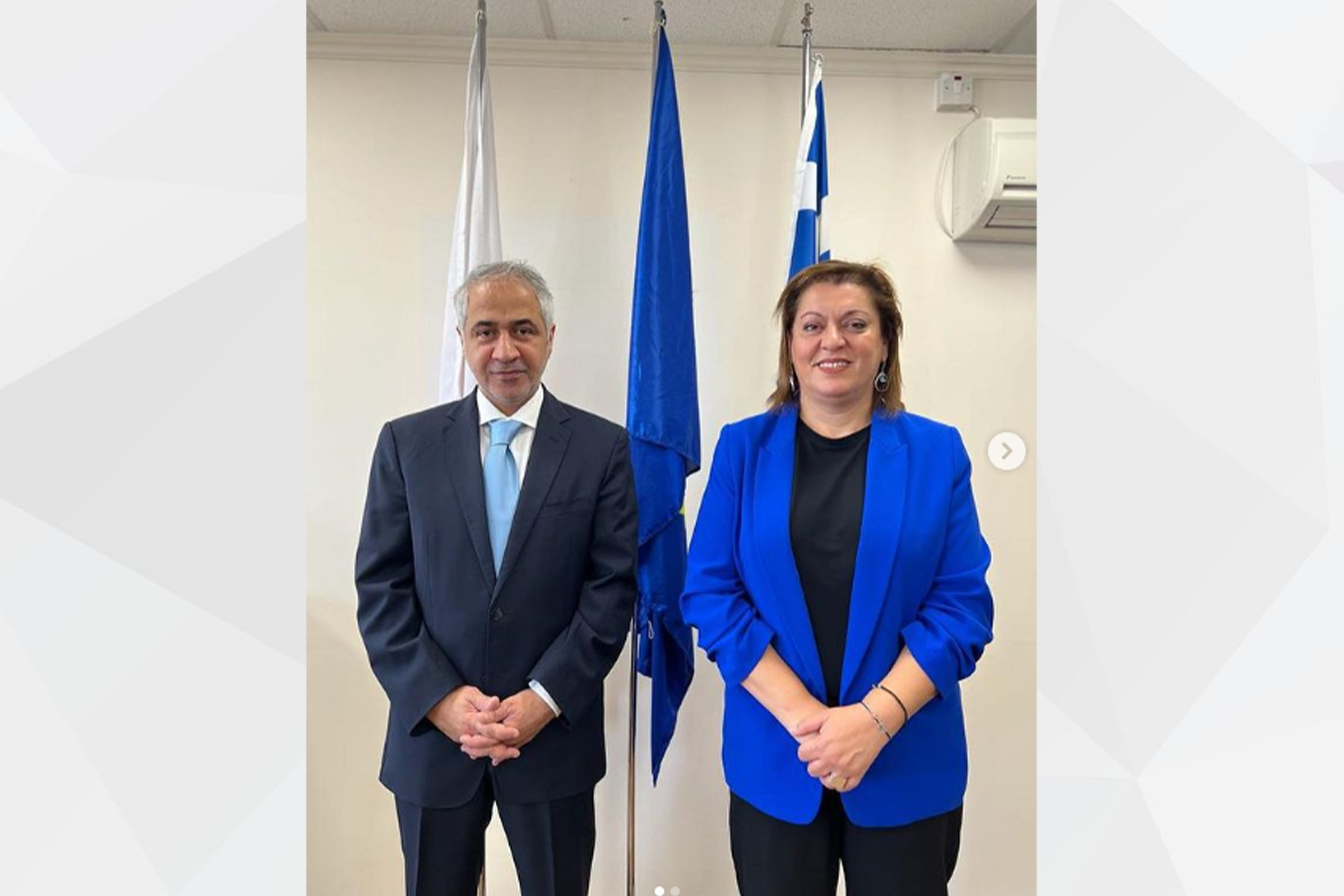 H.E. Mohammed Saif Al Shehhi, UAE Ambassador in Nicosia held a fruitful meeting with H.E. Athena Michaelidou, Minister of Education, Sport and Youth of the Republic of Cyprus, where they discussed prospects of enhancing cooperation in the field of higher education, student exchange programs and youth empowerment initiatives through relevant institutions between the two countries.