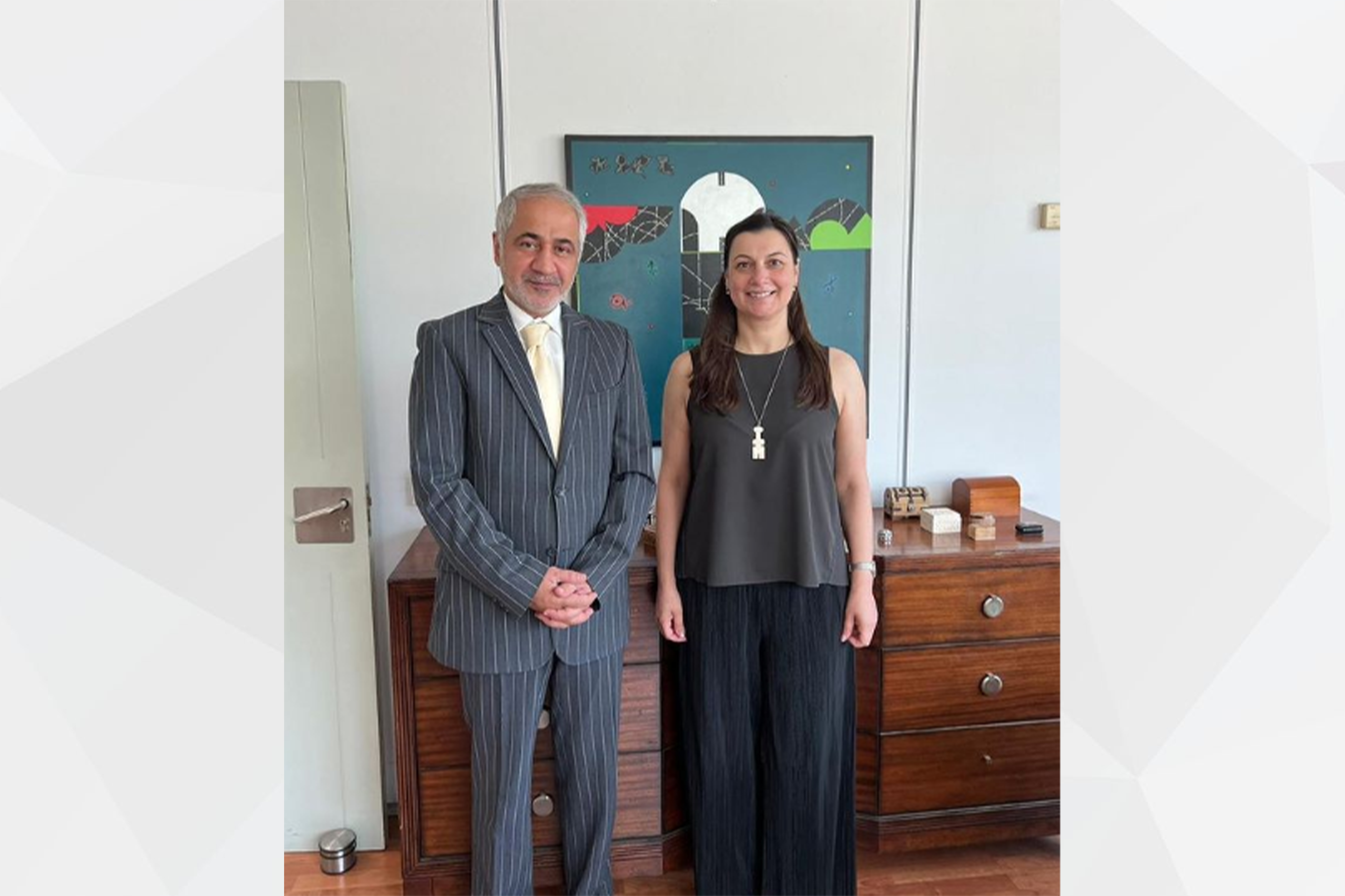 UAE Ambassador in Nicosia Mohammed Saif Al Shehhi, and Director of Energy and Marine Policy Directorate at the Ministry of Foreign Affairs of the Republic of Cyprus, Mrs. Penelope Erotokritou, discuss bilateral relations and joint cooperation between the two countries.