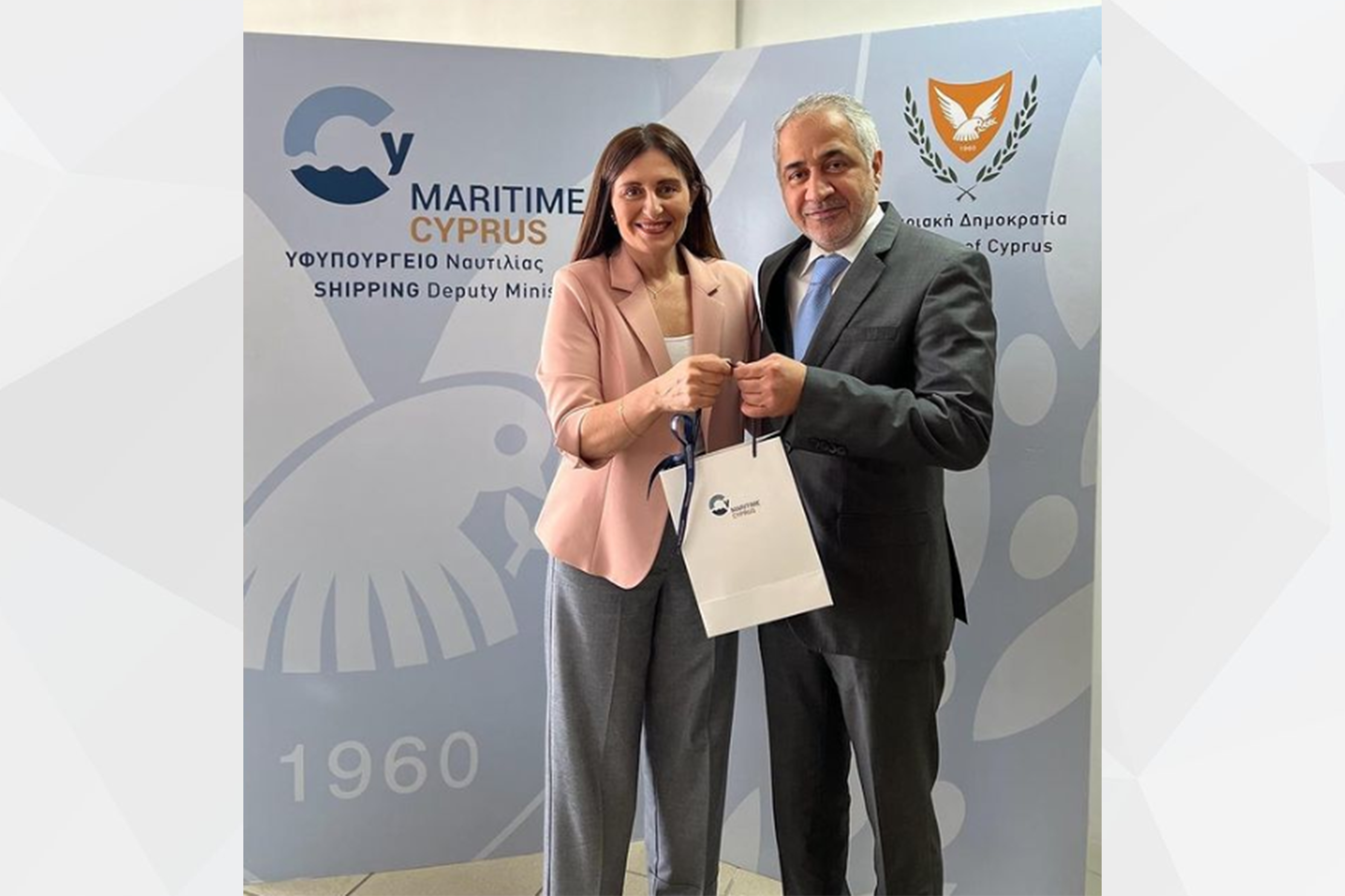 UAE Ambassador in Nicosia, Mohammed Saif Al Shehhi, and the Deputy Minister of Shipping in the Republic of Cyprus, Marina Hadjimanolis, discuss the friendly relations and prospects of joint cooperation in the field of maritime.