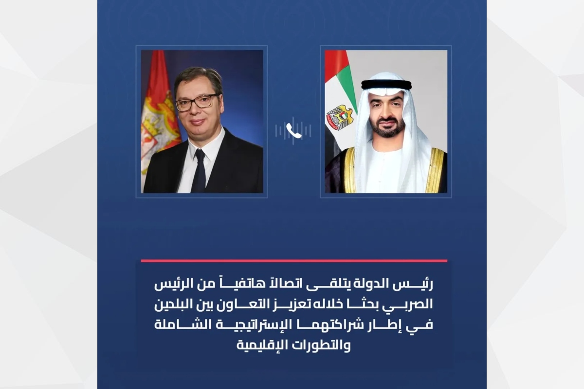 His Highness Sheikh Mohamed bin Zayed Al Nahyan, President of the United Arab Emirates, held a telephone conversation with H.E. Aleksandar Vucic, President of the Republic of Serbia, to discuss ways of advancing bilateral cooperation and joint projects, with particular emphasis on the economy, development, renewable energy, and other strategically important sectors.
