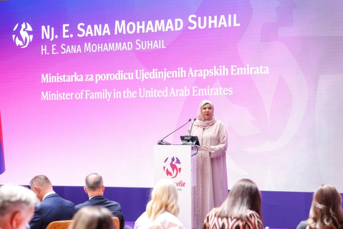 H.E. Sana bint Mohammed Suhail, Minister of Family of the United Arab Emirates, addressed participants at the international conference “For One More Heart”, held at the Palace of Serbia and organized by the Ministry for Gender Equality, Prevention of Violence against Women, and the Economic and Political Empowerment of Women of the Republic of Serbia.

