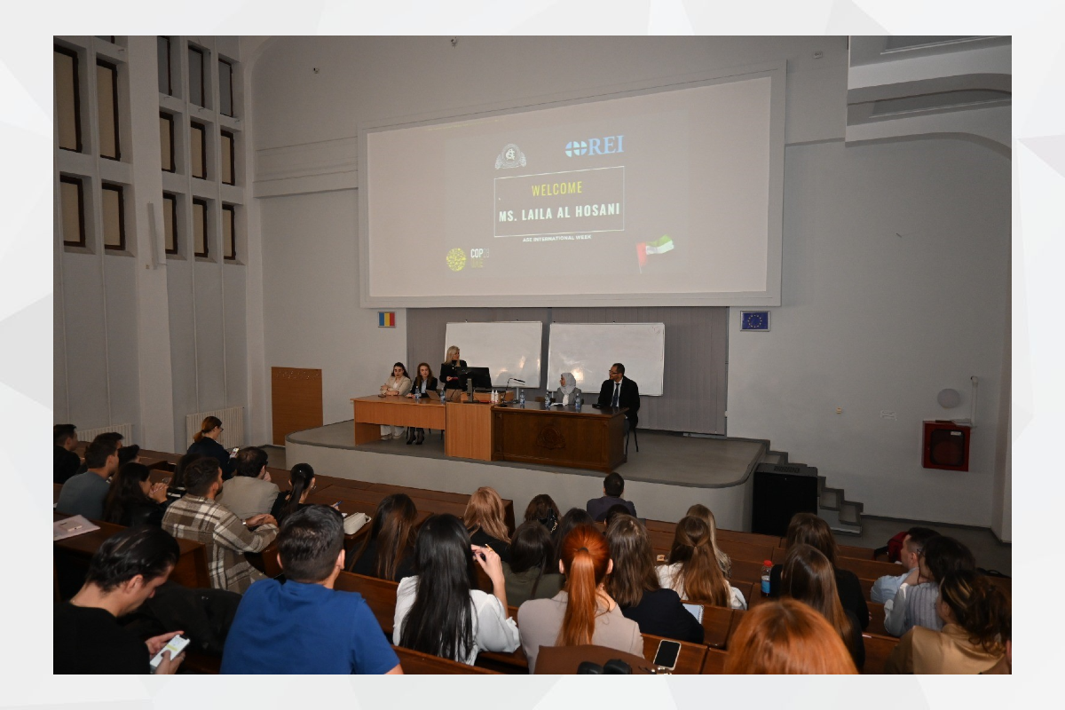 doamna Laila Al Hosani/ Diplomat în cadrul Ambasadei Emiratelor Arabe Unite în România a participat la „Săptămâna Internațională ASE”, context în care a susținut un discurs despre COP 28 –eveniment care a fost găzduit de Emiratele Arabe Unite, la Expo City Dubai, între 30 noiembrie și 12 decembrie, 2023.