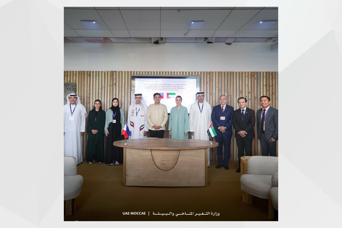 On the sidelines of COP28, a Memorandum of Understanding (MoU) on Climate Change was signed between H.E. Mariam bint Mohammed Almheiri, UAE Minister of Climate Change and Environment and H.E. Robert EA Borje, Vice Chair and Executive Director of Philippine Climate Change Commission.
