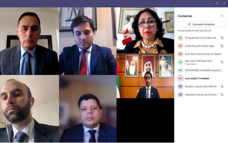 Virtual meeting of H.E. Mohamed Abdullah Alshamsi, Ambassador of the United Arab Emirates to the Republic of Peru with H.E. Ambassador Maria Cecilia Rozas, General Director for Multilateral and Global Affairs of the Peruvian Ministry of Foreign Affairs.


