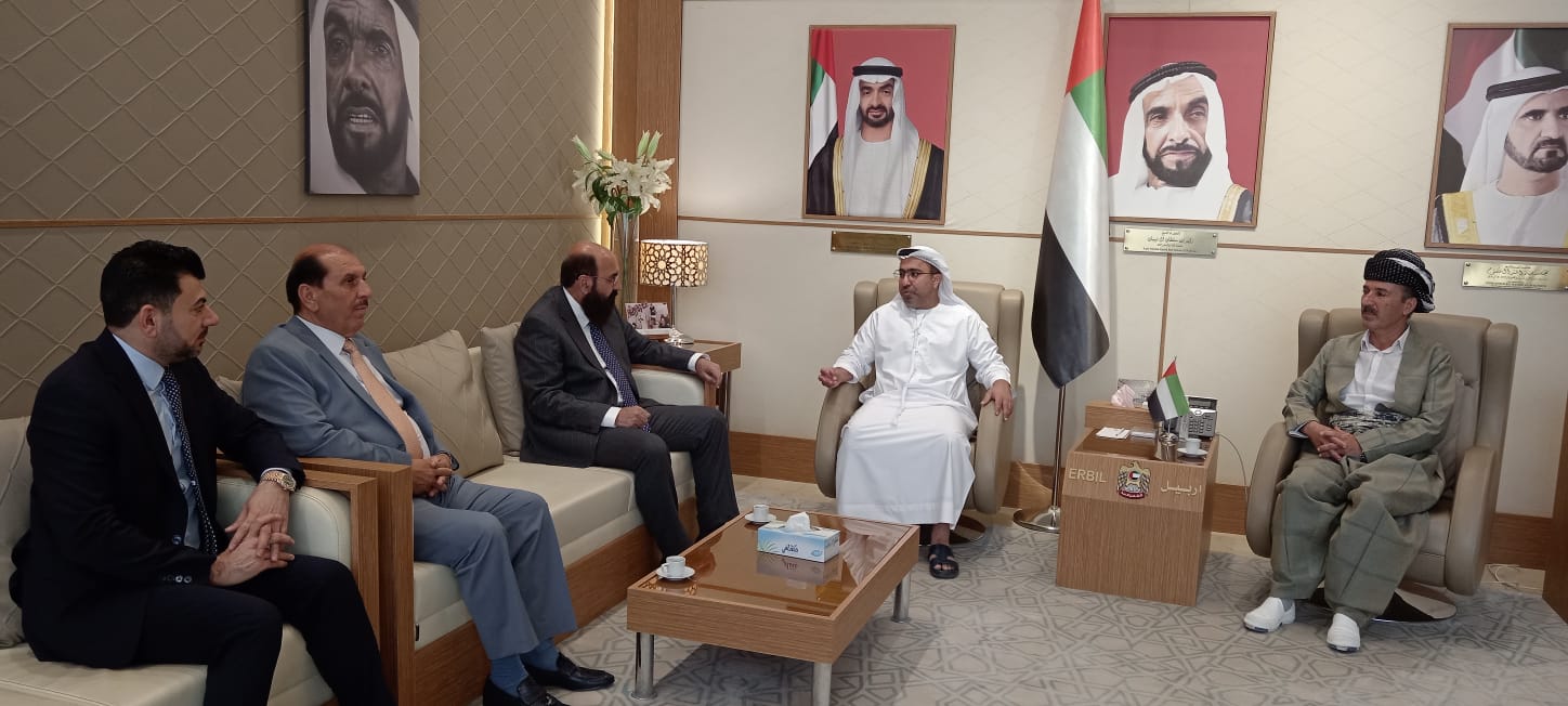 His Excellency Ahmed Al Dhaheri, Consul General of the UAE in the Kurdistan Region of Iraq, received His Excellency Hazem Tahsin Bey, Emir of the Yazidi community in Iraq and the world. During the meeting, they discussed the distinguished relations between the United Arab Emirates and the brotherly Republic of Iraq, especially the Kurdistan Region, and reviewed aspects of the programs and projects presented by the UAE to the displaced and refugee communities in the Kurdistan Region, as a reflection of the lofty humanitarian message that the UAE is keen to direct by adopting standing by siblings. 